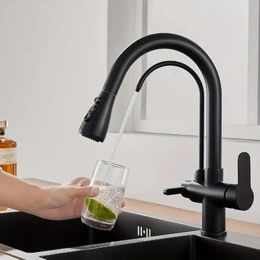 Baterie multifunctionala pentru chiuveta, NEXTLY, tip lebada, dubla, cap extensibil si retractabil, doua moduri de jet, baterie pentru apa filtrata, rotatie 360°, negru mat