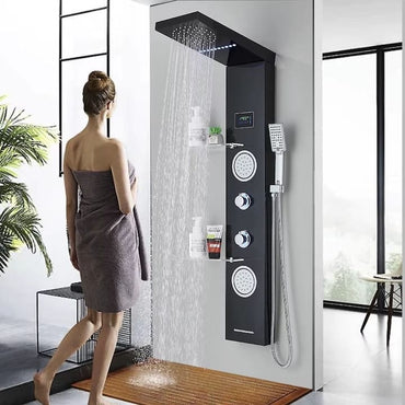 Coloana de dus multifunctionala tip panou cu hidromasaj si iluminare LED, NEXTLY, dus tip ploaie, afisaj digital, para de dus cu 3 functii, suporti depozitare, robinet tip cascada pentru cada, otel inoxidabil