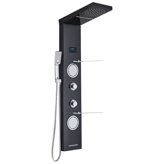 Coloana de dus multifunctionala tip panou cu hidromasaj si iluminare LED, NEXTLY, dus tip ploaie, afisaj digital, para de dus cu 3 functii, suporti depozitare, robinet tip cascada pentru cada, otel inoxidabil