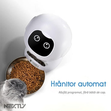Dispenser automat hrana pentru caini/pisici NEXTLY, programabil - planificare mese, temporizare si dozare, ecran LCD, inregistrare sunet, hranire manuala, alimentare cablu/baterii, bol inox, 3.5l, alb