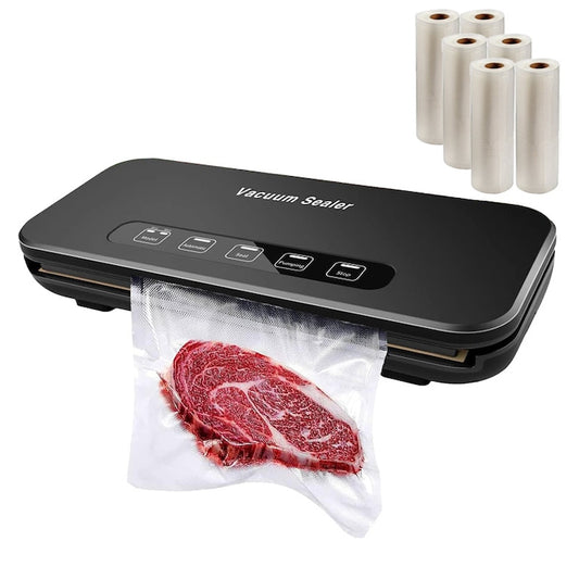 Set aparat de vidat cu vacuum alimente umede/uscate + 6 role 17cm NEXTLY, functii de vidare si sigilare in mod automat/manual/separat, vidare externa, buton oprire, spatiu depozitare rola de vidat 28cm, lama integrata pentru taiere, 110W, 85kpa, negru