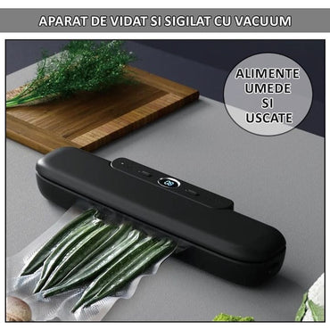 Set Aparat de vidat si sigilat alimente umede/uscate si obiecte si 2 role pungi pentru vidat 500x22cm functii de vidare si sigilare in mod automat/manual/separat, timp reglabil, afisaj digital, 30cm b