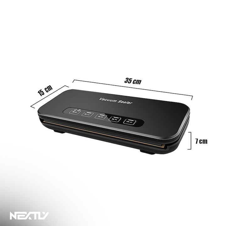 Set aparat de vidat cu vacuum alimente umede/uscate + 6 role 17cm NEXTLY, functii de vidare si sigilare in mod automat/manual/separat, vidare externa, buton oprire, spatiu depozitare rola de vidat 28cm, lama integrata pentru taiere, 110W, 85kpa, negru