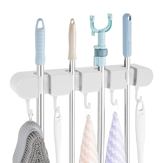Suport de perete pentru depozitare maturi, mopuri si alte accesorii NEXTLY, organizator multifunctional bucatarie, baie, balcon, 4 cleme si 5 carlige retractabile, anti-alunecare, waterproof, prindere cu adeziv, ABS, alb