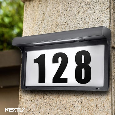 Numar de casa/poarta/usa cu iluminare LED NEXTLY, stikere autocolante cu litere si cifre, incarcare solara, aprindere automata, materiale premium, waterproof, 22.5x17.5, negru