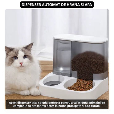 Dispenser automat mancare si apa animale NEXTLY, pentru pisici si caini de orice talie, compartimentare separata, rezervor transparent cu capac, capacitata apa 1l, capacitate hrana 2.8l, material ABS, non-toxic, alb-negru