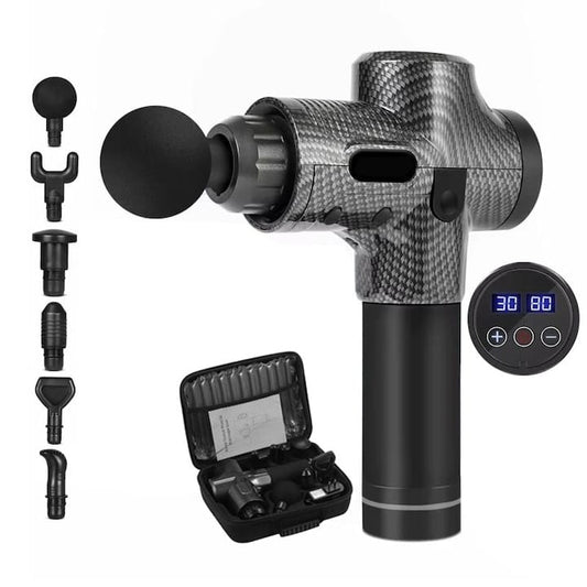 Aparat de masaj profesional tip pistol NEXTLY, 6 capete interschimbabile, 30 trepte de intensitate, ecran LCD cu touch, afisaj nivel baterie si intensitate, sistem de racire, geanta transport, negru-gri