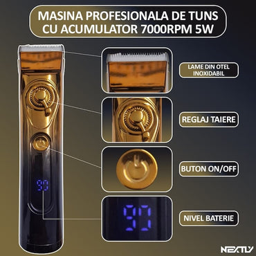 Masina profesionala de tuns, NEXTLY, cu acumulator, 1200mAh, afisaj digital nivel baterie, 7000RPM, putere 5W, 4 marimi de tuns, accesorii incluse, reglaj distanta taiere, incarcare rapida tip-c, desi