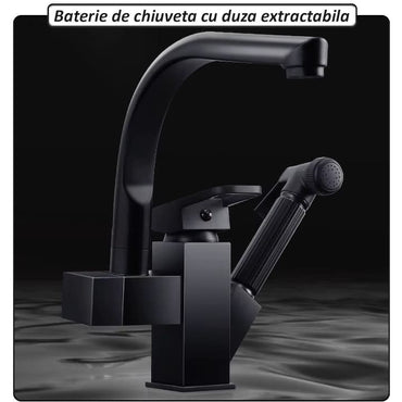 Baterie de chiuveta 2 in 1 NEXTLY, cap principal rotativ la 360° cu aerator tip fagure si duza extractibila flexibila, 2 moduri de jet - normal si tip pulverizare, 1-9 negru mat