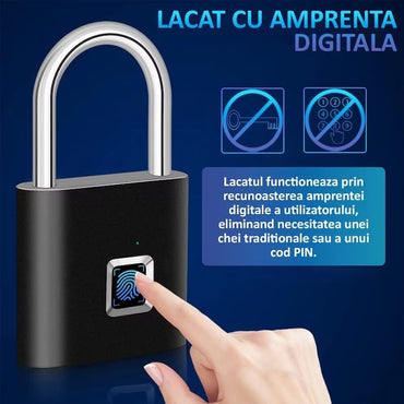 Lacat cu amprenta digitala NEXTLY, pentru interior/exterior, pana la 20 de amprente stocate, deblocare rapida 0.2s, incarcare cablus USB Tip C, waterproof, aliaj de zinc si otel, anti-spargere/anti-ta
