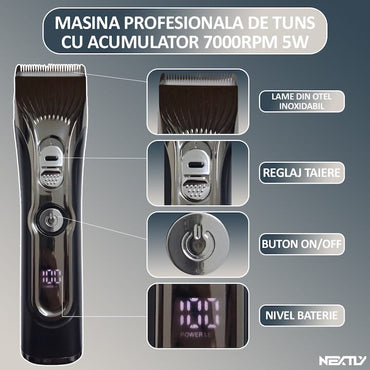 Masina profesionala de tuns, NEXTLY, cu acumulator, 1200mAh, afisaj digital nivel baterie, 7000RPM, putere 5W, 4 marimi de tuns, accesorii incluse, reglaj distanta taiere, incarcare rapida tip-c, desi