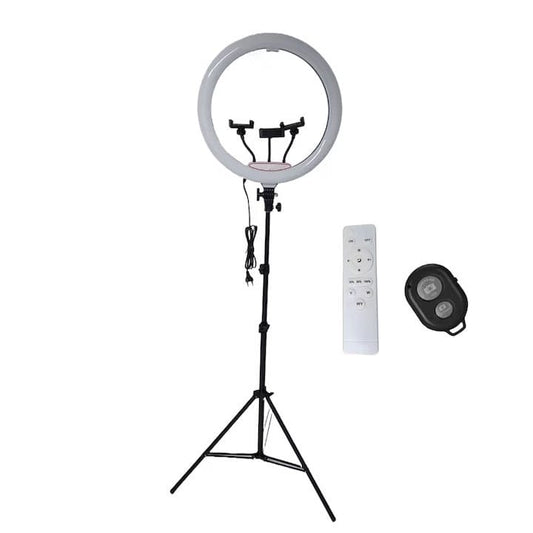 Lampa circulara profesionala RING LIGHT LED, NEXTLY, touch control, diametru 45cm, 18inch, lumina calda/rece/neutra, 10 trepte de lumina, 3 suporturi telefon, telecomanda, telecomanda bluetooth pentru