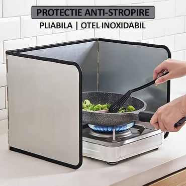 Protectie anti-stropire pentru aragaz si chiuveta NEXTLY, placa pliabila cu 3 panouri din otel inoxidabil, rezistenta la temperaturi ridicate, curatare usoara, 96x30 cm, argintiu-negru