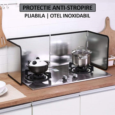Protectie anti-stropire pentru aragaz si chiuveta NEXTLY, placa pliabila cu 4 panouri din otel inoxidabil, rezistenta la temperaturi ridicate, curatare usoara, 134x30 cm, argintiu