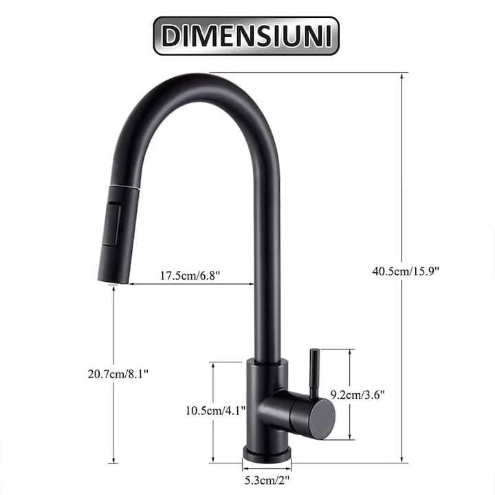 Baterie pentru chiuveta tip lebada NEXTLY, rotire la 360°, cap extensibil si retractabil, 2 tipuri de jet - normal si tip ploaie, 1-12 negru mat