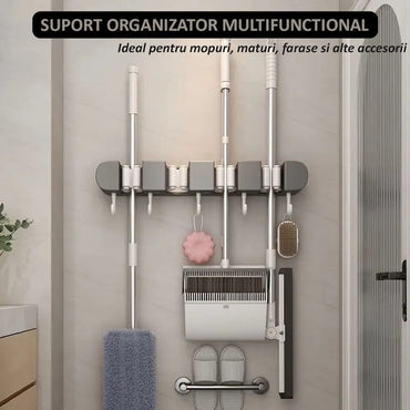 Suport de perete pentru depozitare maturi, mopuri si alte accesorii NEXTLY, organizator multifunctional bucatarie, baie, balcon, 4 cleme si 5 carlige retractabile, anti-alunecare, waterproof, prindere cu adeziv, ABS, alb