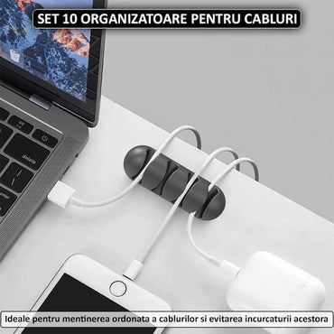 Set 10 x organizator cabluri NEXTLY, 5 marimi, suporturi autoadezive pentru diverse tipuri de cabluri, prindere pe diverse suprafete, negru