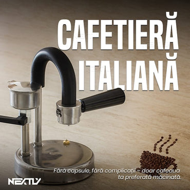 Espressor manual pentru aragaz NEXTLY Kamira cu levier, 2 portafiltre, cafea cremoasa, cafea macinata, fabricat in italia, din inox, crema densa, functionare la orice sursa de caldura, pentru camping