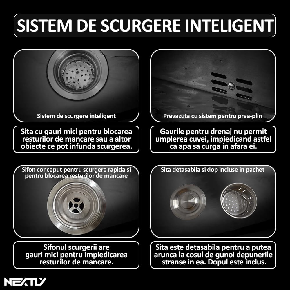 Set chiuveta si baterie tip lebada pentru bucatarie, NEXTLY, multifunctionala, include dozator detergent, cosulet, robineti, racorduri, scurgere, sita, dop, cap baterie extensibil cu doua moduri de je