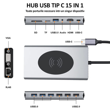 Hub USB-C 15 in 1 multifunctional, NEXTLY, adaptor multiport, incarcare wireless, 1 X HDMI, 1 X VGA, 4 X USB 2.0, 3 X USB 3.0, 1 X RJ45 Gigabit, 1 x USB-C PD100W, 1 X Jack 3.5mm, SD/TF, aluminiu
