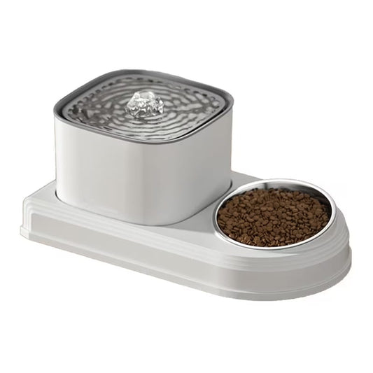 Dispenser automat de apa tip fantana pentru caini si pisici cu bol din inox pentru hrana 2 in 1, NEXTLY, capacitate rezervor apa 3L, filtrare prin carbune activ, silentios, alimentare USB, alb