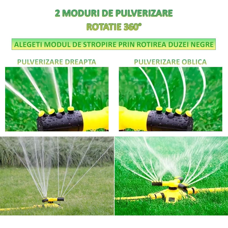 Aspersor rotativ pentru gradina NEXTLY, sistem de irigare cu 3 capete pentru gazon si plante, 2 moduri de pulverizare, rotatie 360°, conectare multipla, galben