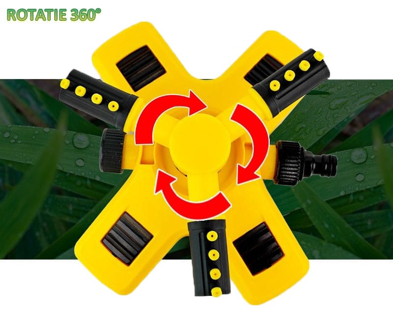 Aspersor rotativ pentru gradina NEXTLY, sistem de irigare cu 3 capete pentru gazon si plante, 2 moduri de pulverizare, rotatie 360°, conectare multipla, galben