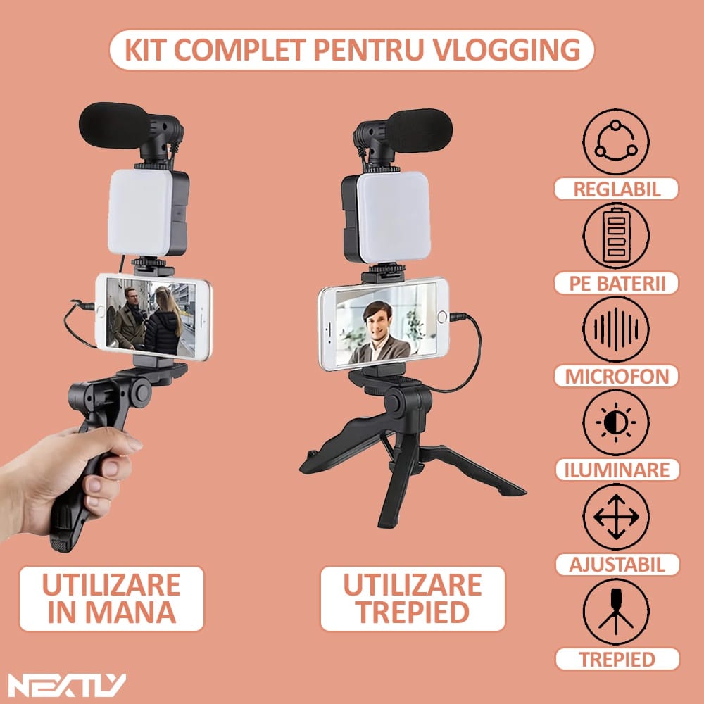 Kit vlogging streaming NEXTLY, ultra portabil, set complet, include microfon, lampa led, suport telefon, trepied, telecomanda bluetooth pentru selife, negru