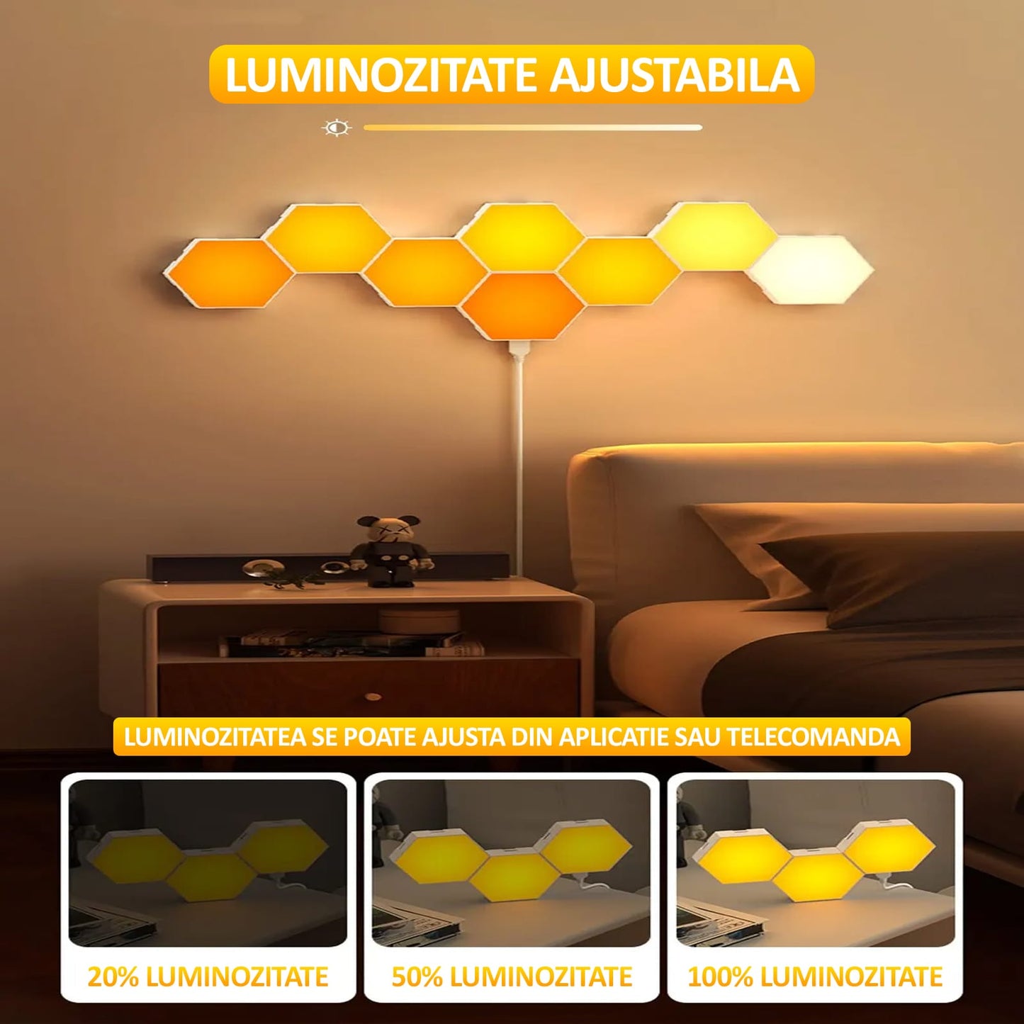 Set 10 lampi RGB hexagonale modulare de perete, NEXTLY, control prin aplicatie, telecomanda, moduri multiple, sincronizare muzicala, microfon, timer, luminozitate ajustabila