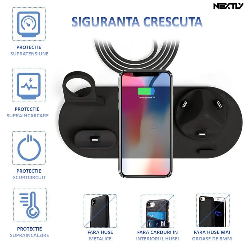 Incarcator wireless telefon 6 in 1, Apple Watch, AirPods, NEXTLY, stand rotativ cu 3 mufe Tip C, MicroUSB, iPhone, Fast Charge 15W, compatibil cu iPhone, Samsung si telefoane universale care au functi