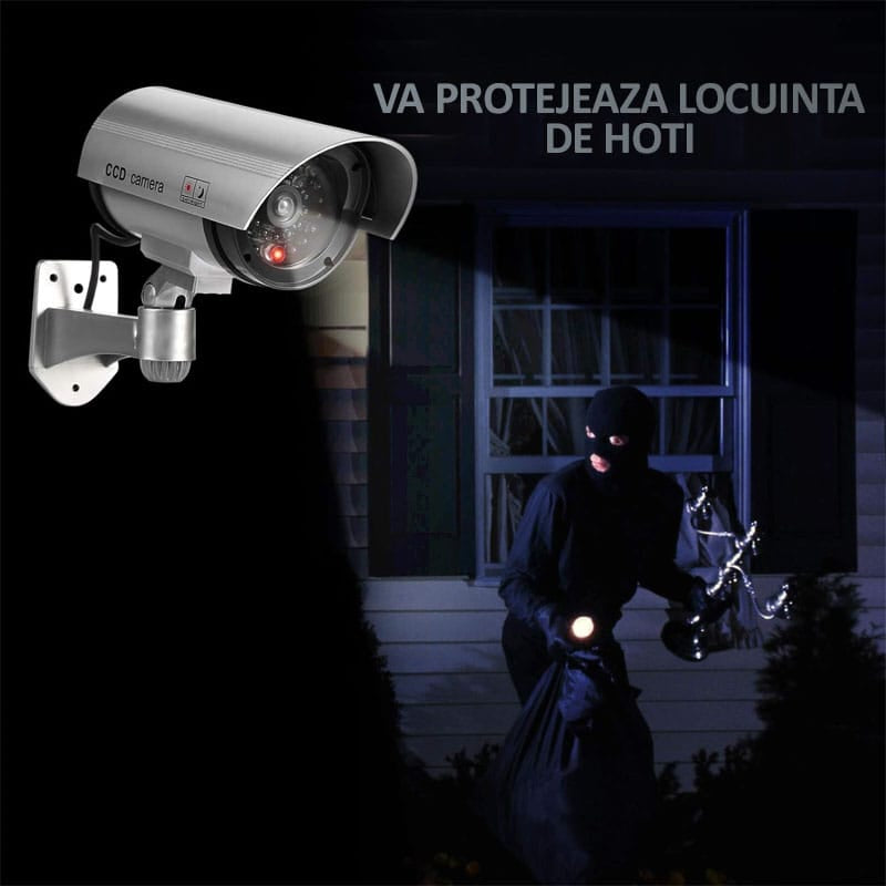 Camera de supraveghere falsa NEXTLY pentru exterior/interior, led rosu intermitent, rotire 360°/90°, waterproof, baterii AA, argintiu
