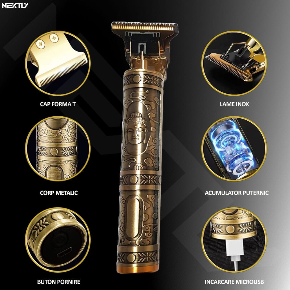 Aparat de tuns si conturat NEXTLY, forma T, distanta de taiere de 0mm, acumulator incorporat, auriu