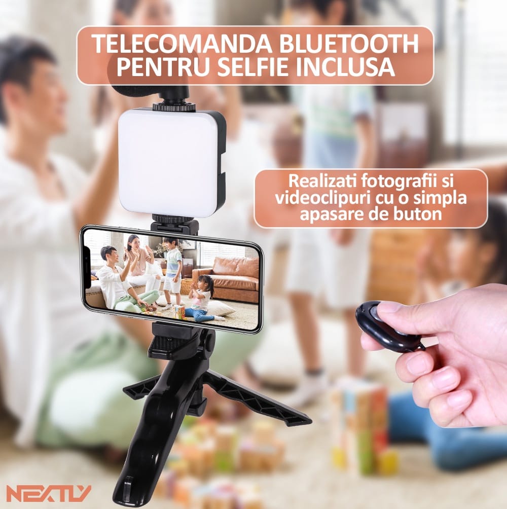 Kit vlogging streaming NEXTLY, ultra portabil, set complet, include microfon, lampa led, suport telefon, trepied, telecomanda bluetooth pentru selife, negru
