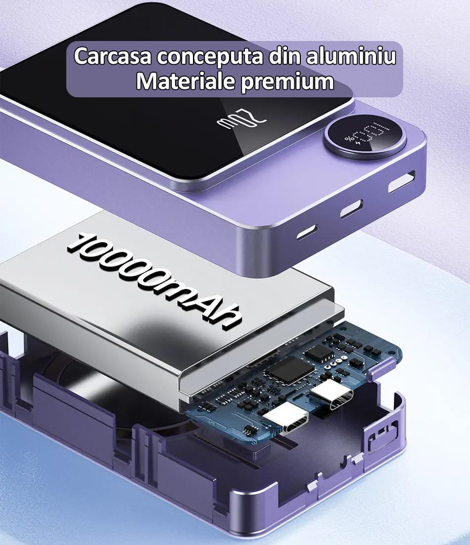 Baterie externa Wireless Magnetica 10 000 mAh, NEXTLY, incarcare rapida, 20W, incarcare wireless 5W, 7.5W, 15W, compatibila MagSafe, porturi Tip-C, lightning, mov