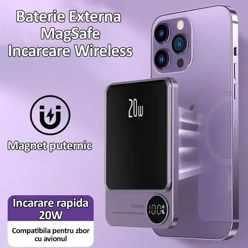 Baterie externa Wireless Magnetica 10 000 mAh, NEXTLY, incarcare rapida, 20W, incarcare wireless 5W, 7.5W, 15W, compatibila MagSafe, porturi Tip-C, lightning, mov