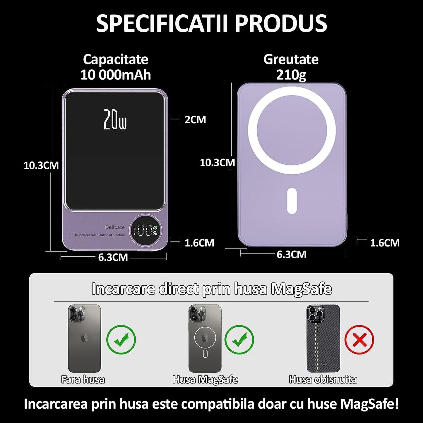 Baterie externa Wireless Magnetica 10 000 mAh, NEXTLY, incarcare rapida, 20W, incarcare wireless 5W, 7.5W, 15W, compatibila MagSafe, porturi Tip-C, lightning, mov