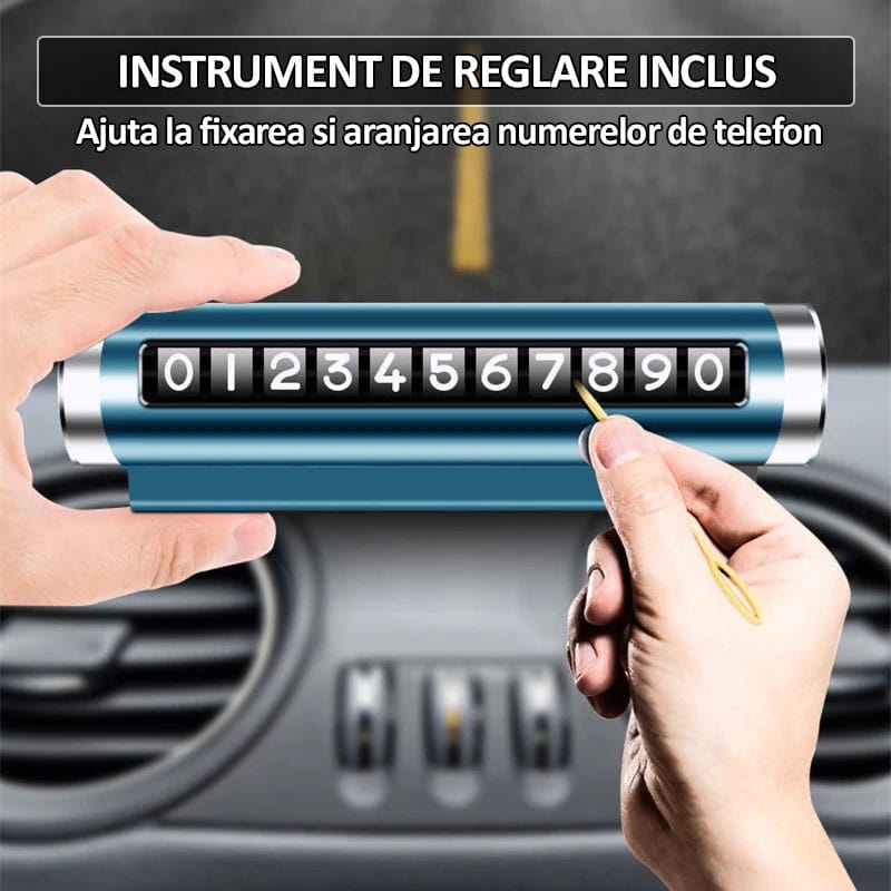 Suport numar de telefon pentru parcare auto NEXTLY, rezistent la temperaturi ridicate/scazute, lipire cu banda dublu adeziva, ajustarea numerelor prin sistem de glisare, albastru lucios