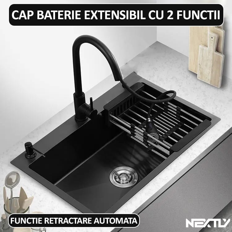 Set chiuveta si baterie tip lebada pentru bucatarie, NEXTLY, multifunctionala, include dozator detergent, cosulet, robineti, racorduri, scurgere, sita, dop, cap baterie extensibil cu doua moduri de je