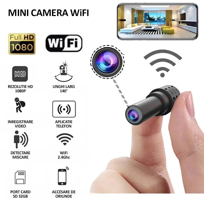 Mini camera de supraveghere WiFi, NEXTLY, FULL HD 1080p. pentru spionaj, dimensiuni mici, control aplicatie, detectare miscare, unghi larg 140°, microfon incorporat, negru
