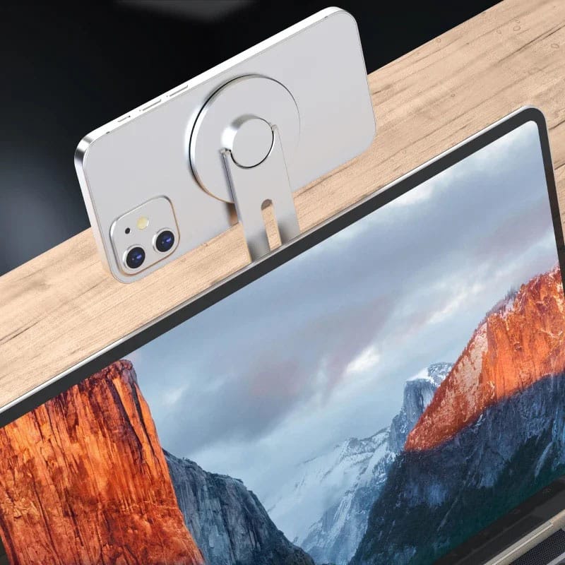 Suport magnetic pentru iPhone 12/13/14 si telefoane cu inele magnetice NEXTLY, atasare pe laptop/monitor, rotatie 180° si 360°, argintiu