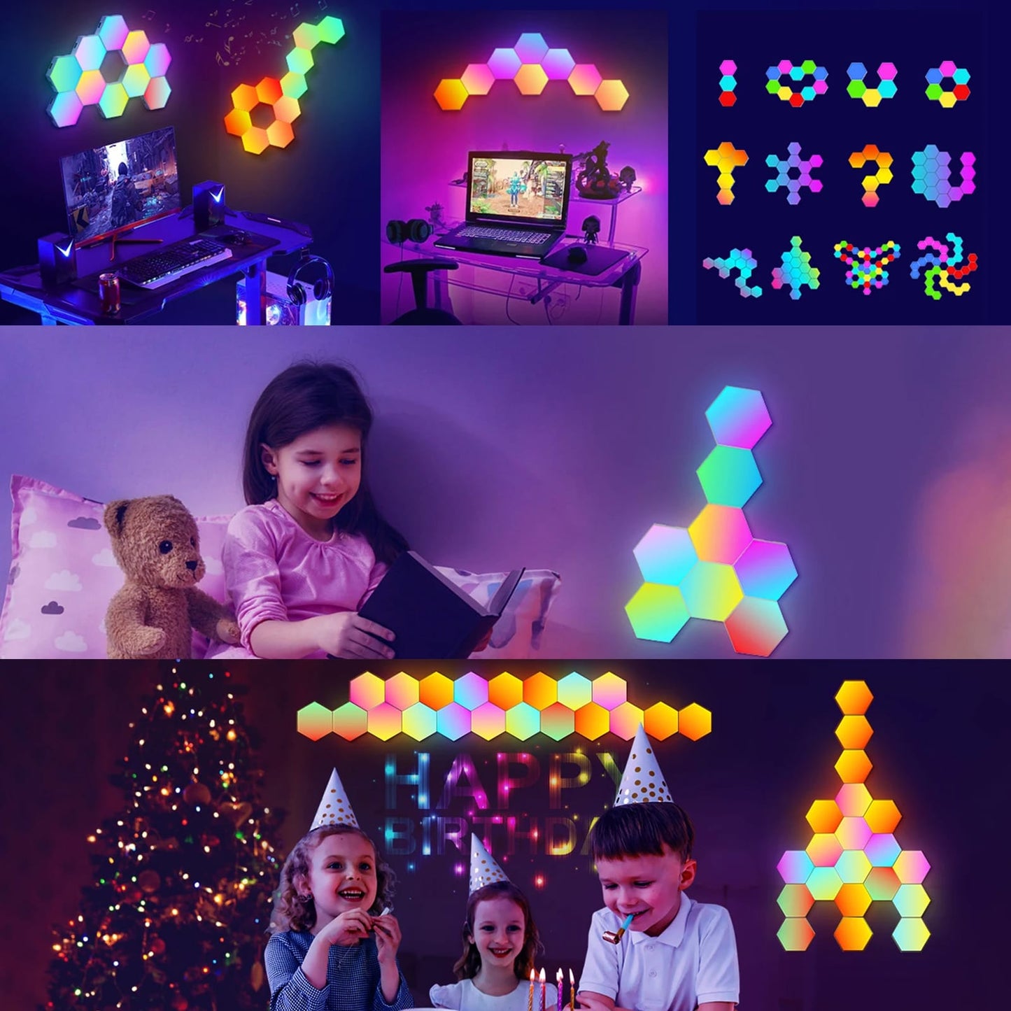 Set 8 lampi RGB hexagonale modulare de perete, NEXTLY, control prin aplicatie, telecomanda, moduri multiple, sincronizare muzicala, microfon, timer, luminozitate ajustabila