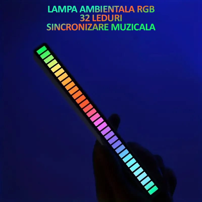 Bara cu leduri RGB, NEXTLY, sincronizare muzicala, lumini de ritm, senzor sunet, 32 leduri, activare sonora, 17 culori, moduri multiple, ajustare luminozitate si viteza, sincronizare muzicala, aliment