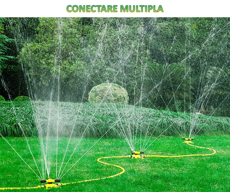 Aspersor rotativ pentru gradina NEXTLY, sistem de irigare cu 3 capete pentru gazon si plante, 2 moduri de pulverizare, rotatie 360°, conectare multipla, galben