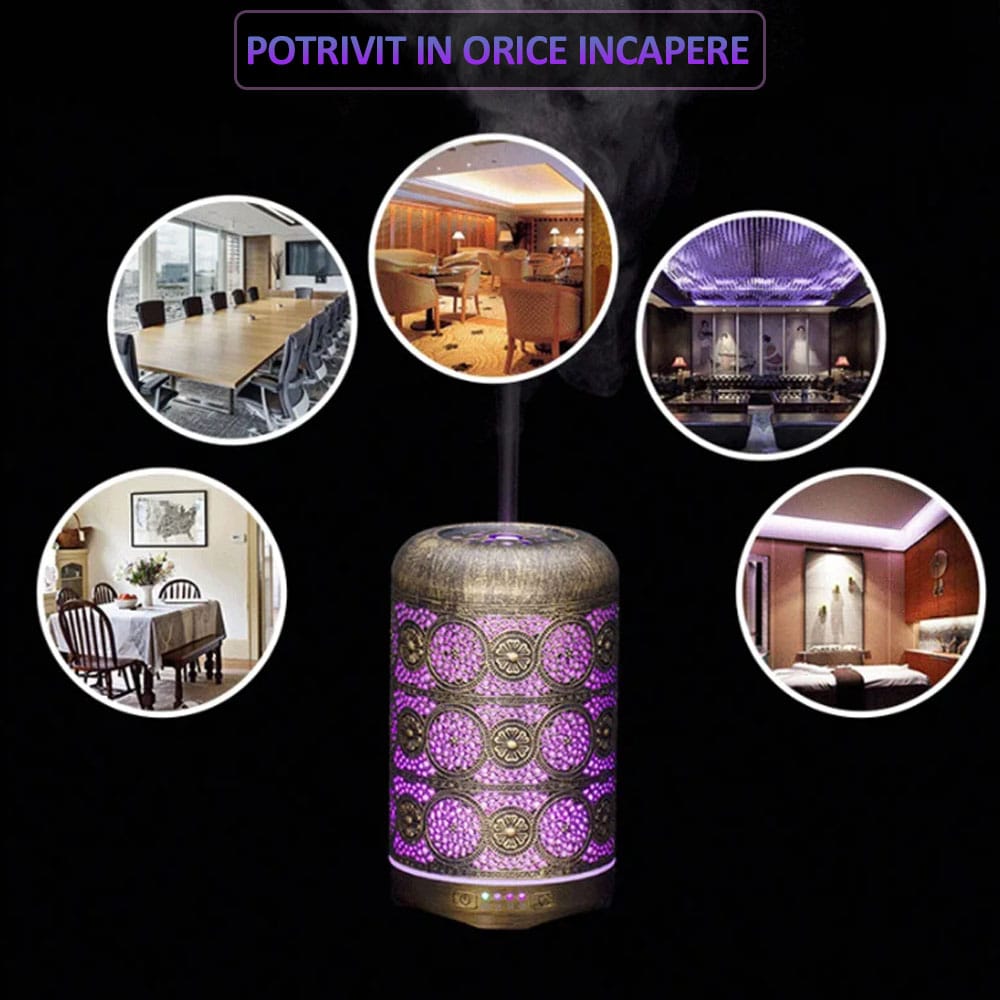 Difuzor de aromaterapie / umidificator cu ultrasunete, NEXTLY, portabil, silentios, capacitate 250ml, 7 culori LED pentru iluminare ambientala, 4 setari de timp, bronz