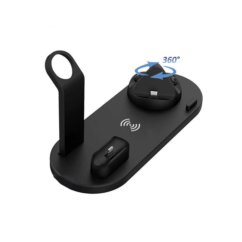 Incarcator wireless telefon 6 in 1, Apple Watch, AirPods, NEXTLY, stand rotativ cu 3 mufe Tip C, MicroUSB, iPhone, Fast Charge 15W, compatibil cu iPhone, Samsung si telefoane universale care au functi