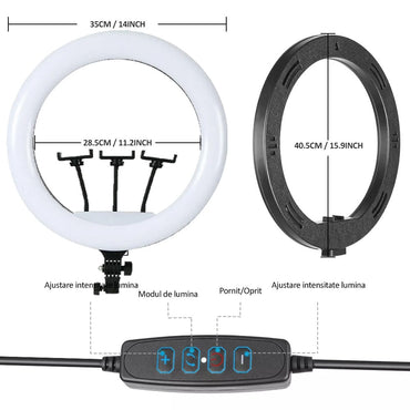 Lampa circulara profesionala RING LIGHT LED, NEXTLY, diametru 35cm, 14inch, lumina calda/rece/neutra, 10 trepte de lumina, telecomanda pe fir, 3 suporturi telefon, trepied 210cm
