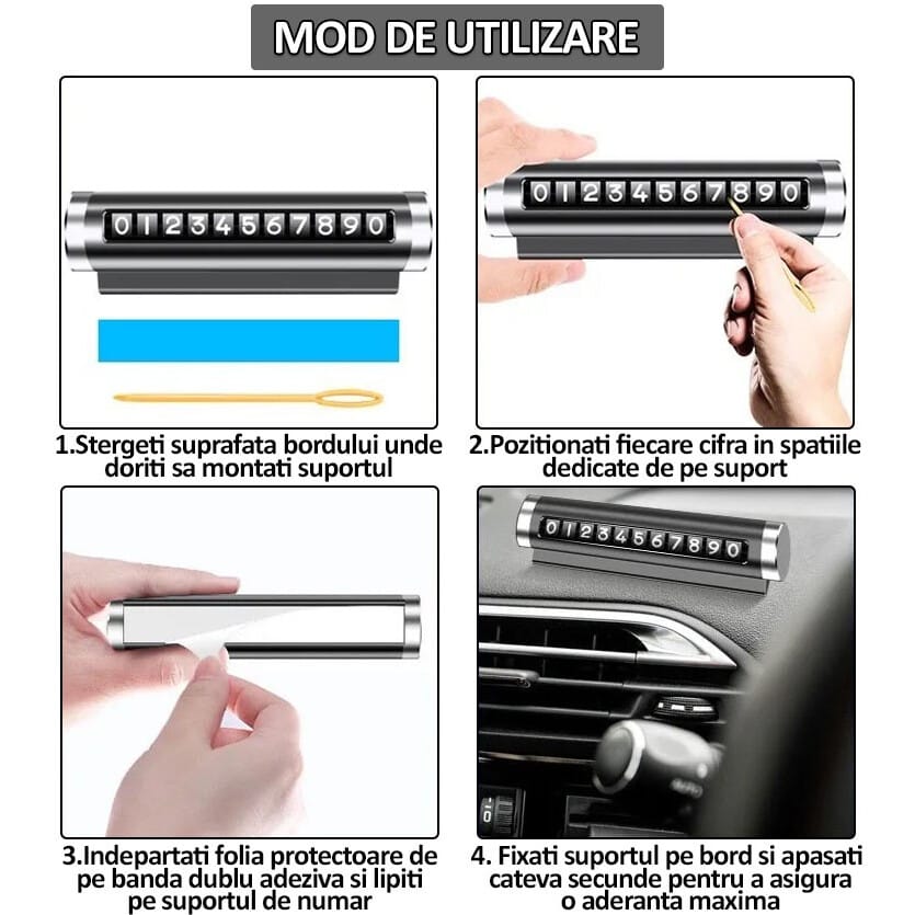 Suport numar de telefon pentru parcare auto NEXTLY, rezistent la temperaturi ridicate/scazute, lipire cu banda dublu adeziva, ajustarea numerelor prin sistem de glisare, albastru lucios
