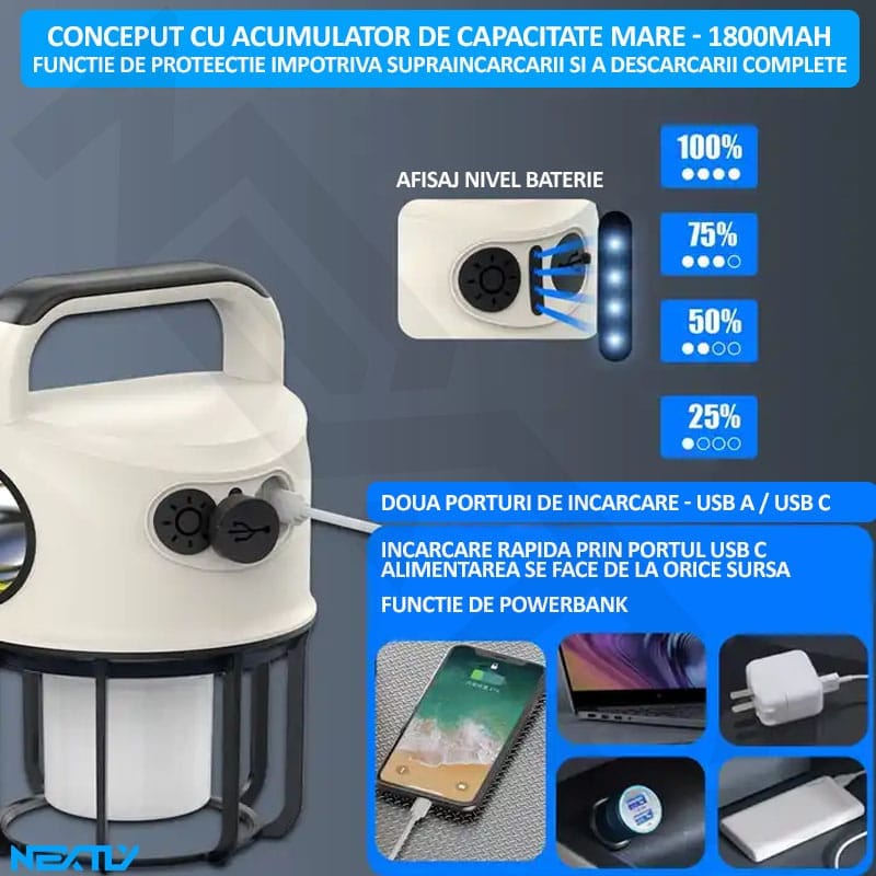 Lanterna LED portabila, tip felinar, NEXTLY, doua surse de lumina, functie flash, luminozitate reglabila, reincarcabila, lumina calda si rece, functie powerbank, afisaj nivel baterie