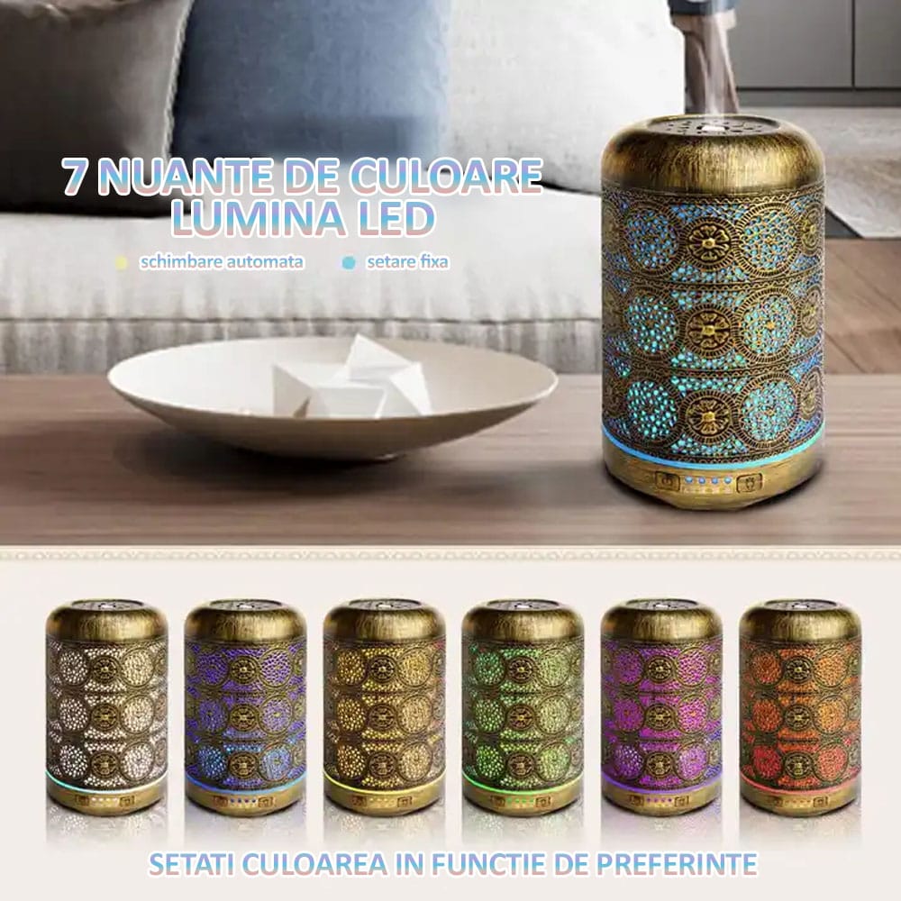 Difuzor de aromaterapie / umidificator cu ultrasunete, NEXTLY, portabil, silentios, capacitate 250ml, 7 culori LED pentru iluminare ambientala, 4 setari de timp, bronz
