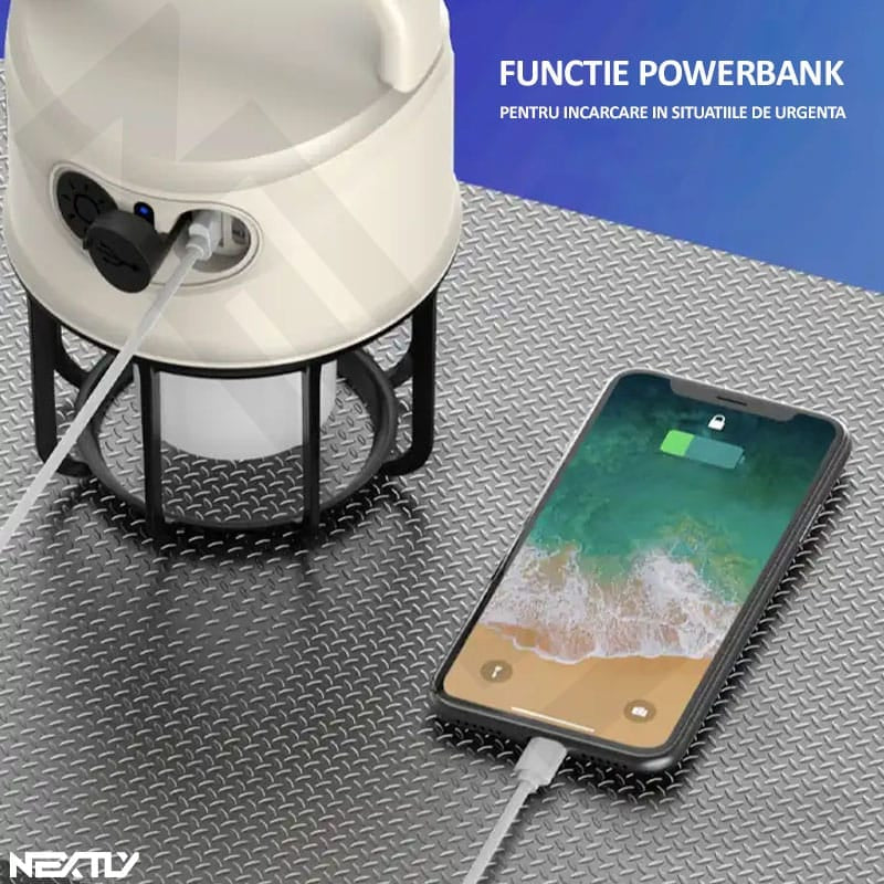 Lanterna LED portabila, tip felinar, NEXTLY, doua surse de lumina, functie flash, luminozitate reglabila, reincarcabila, lumina calda si rece, functie powerbank, afisaj nivel baterie